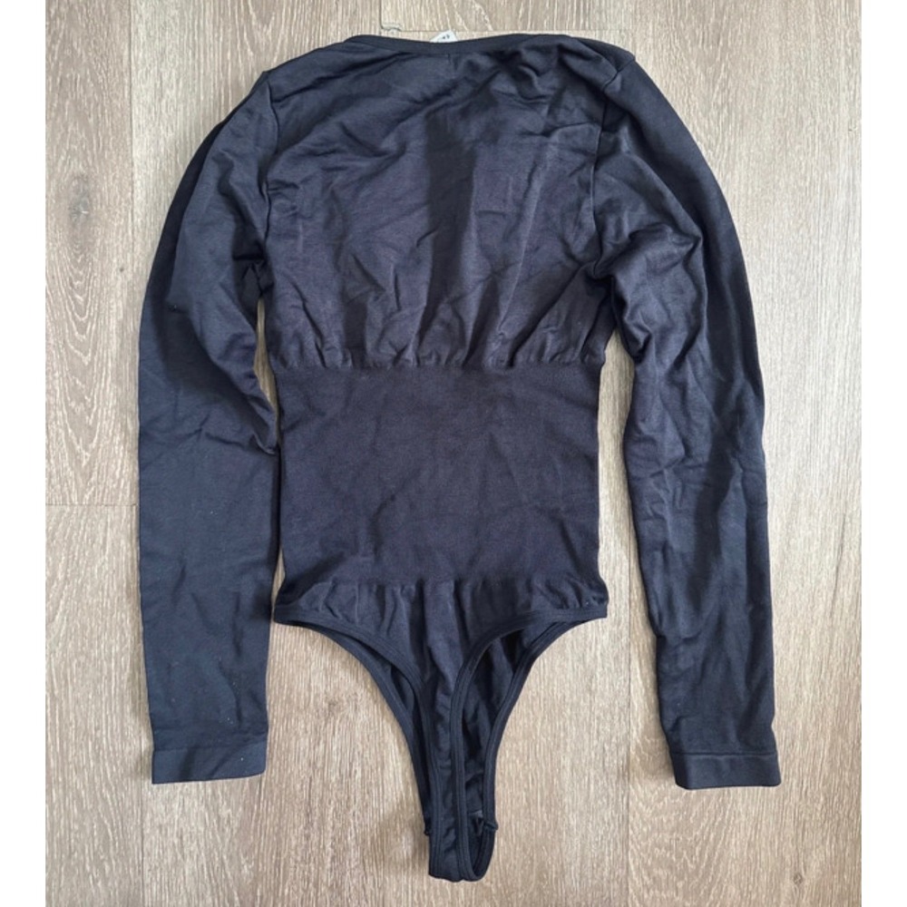 Unbranded Bodysuit Women Small Black Square Neck Long Sleeve Ribbed Waist